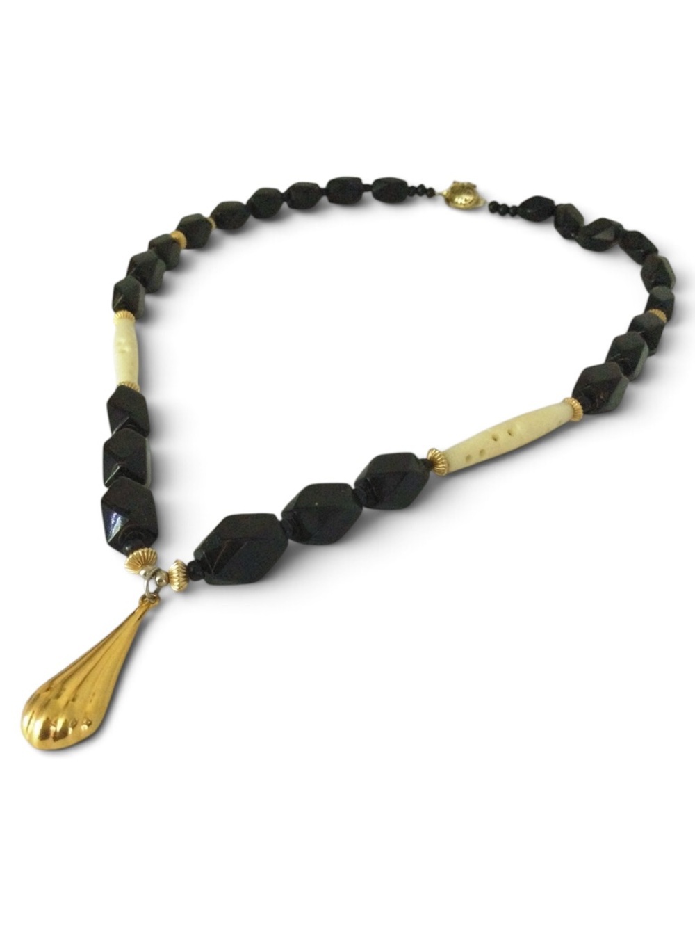 Vintage Carved Bone & Black Beaded Necklace with KJL Pendant - Picture 10 of 13